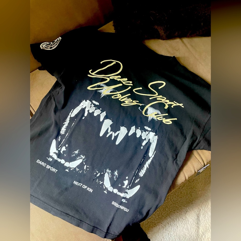 Darc Sport Black Short Sleeve Tee with Yellow Script and White Fang Graphic